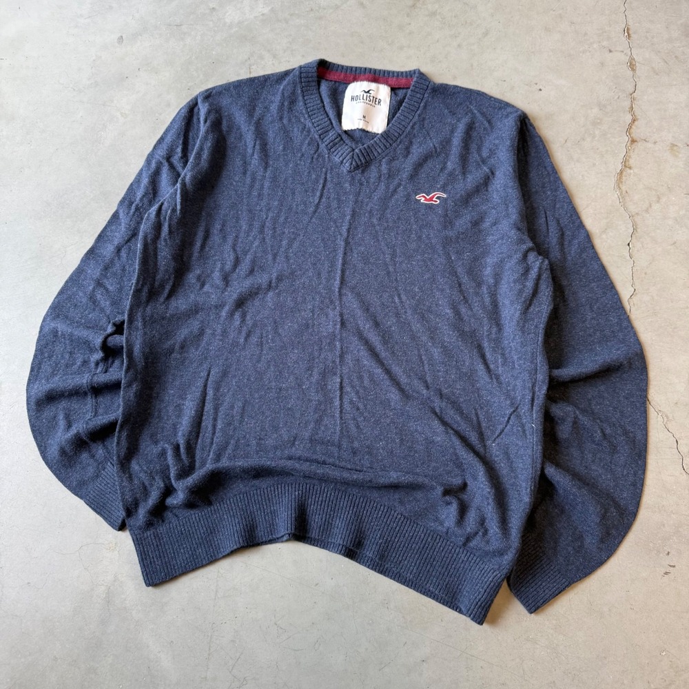 Hollister Mens V-Neck Sweater Navy Blue Heather Long Sleeve Seagull Logo Size M